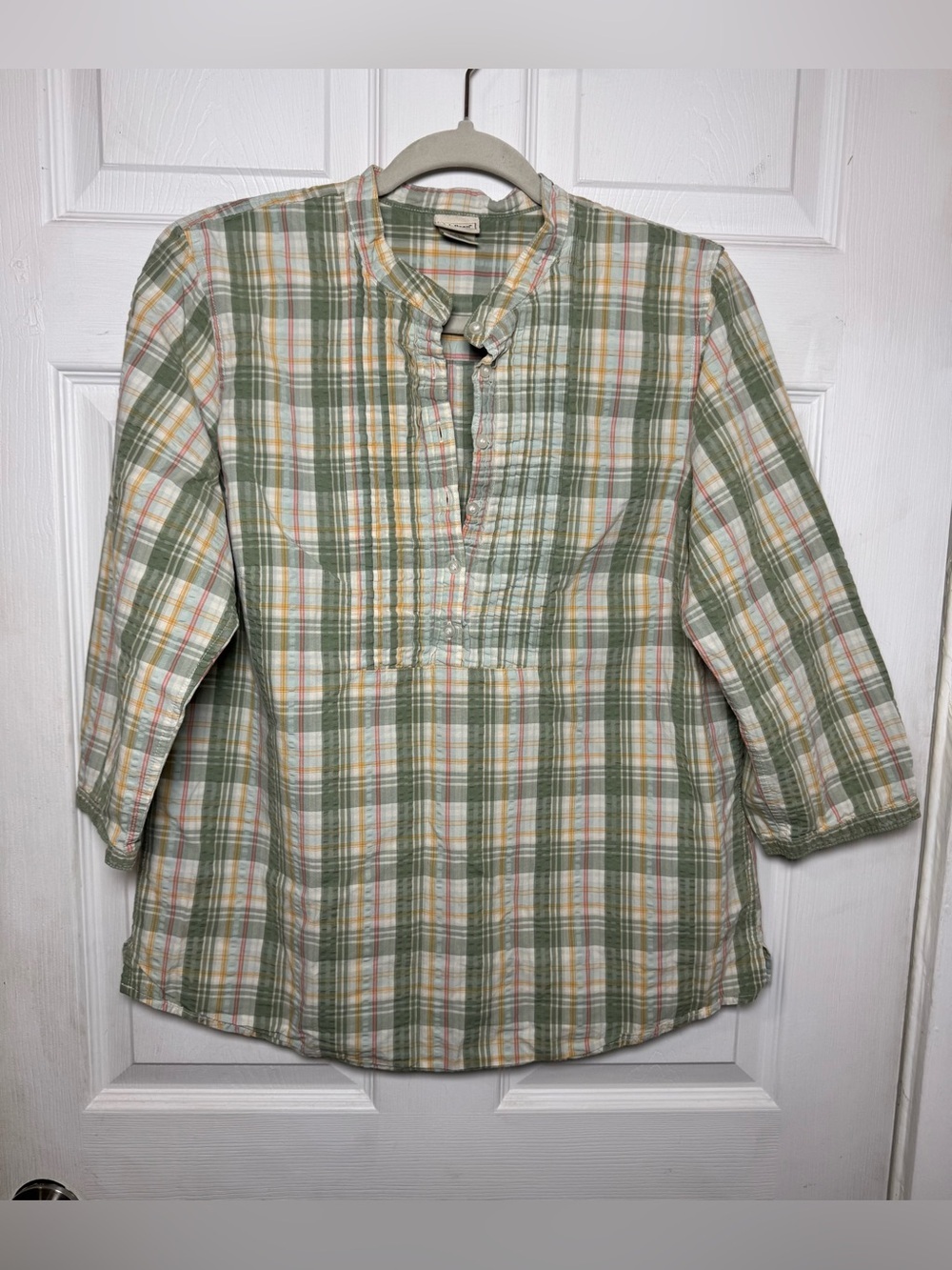 VTG L.L. Bean Collarless Cotton Half Button Down Popover Tunic Top Green Plaid